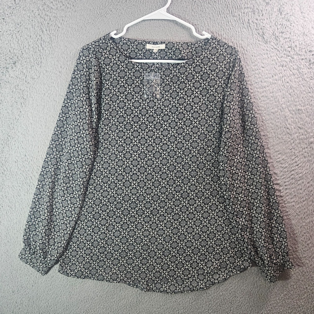 NEW Pleione Tunic Top Blouse Women Small Geometric Print Long Sleeve White Black
